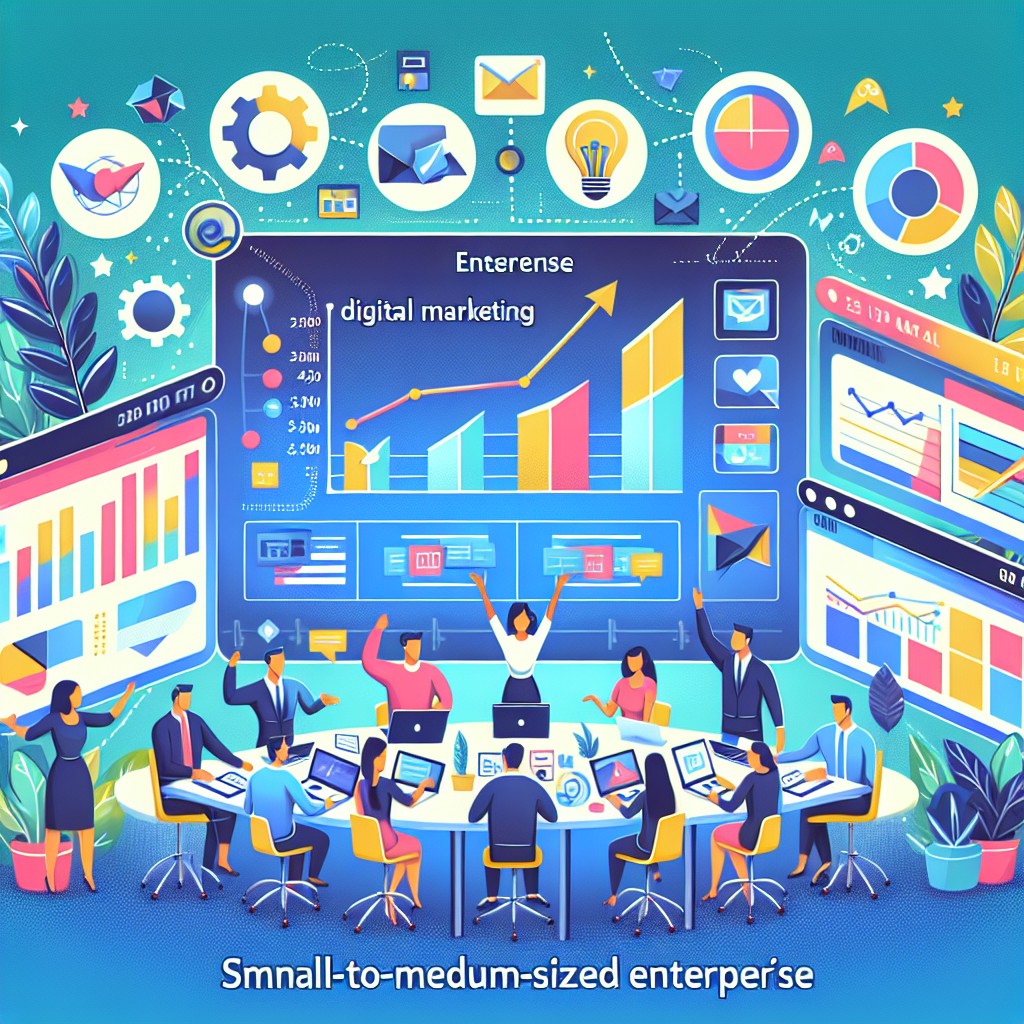 Couverture montrant une PME en plein succès grâce au marketing digital, avec graphiques et icônes représentant différents canaux numériques.