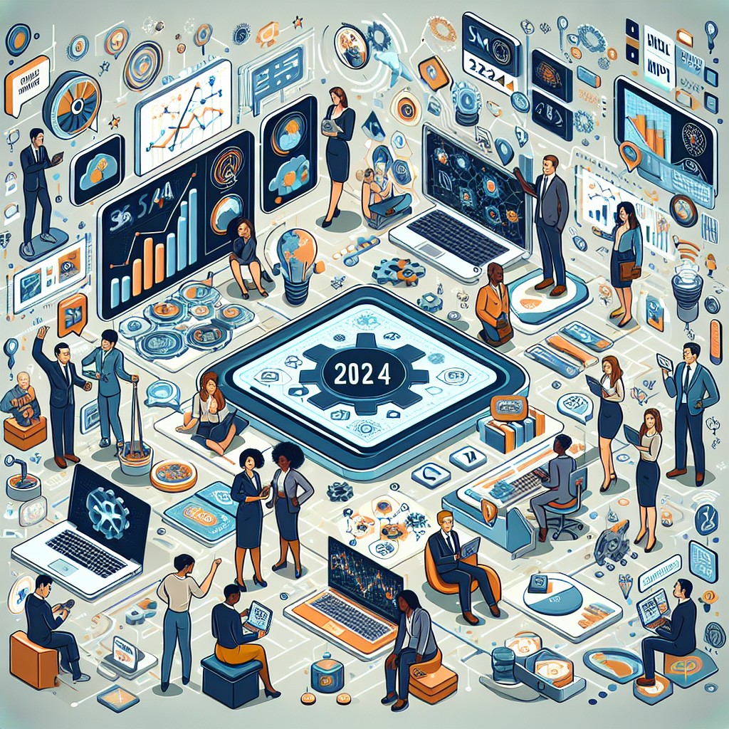 Une illustration représentant des PME utilisant diverses stratégies de marketing digital en 2024, intégrant des technologies modernes.