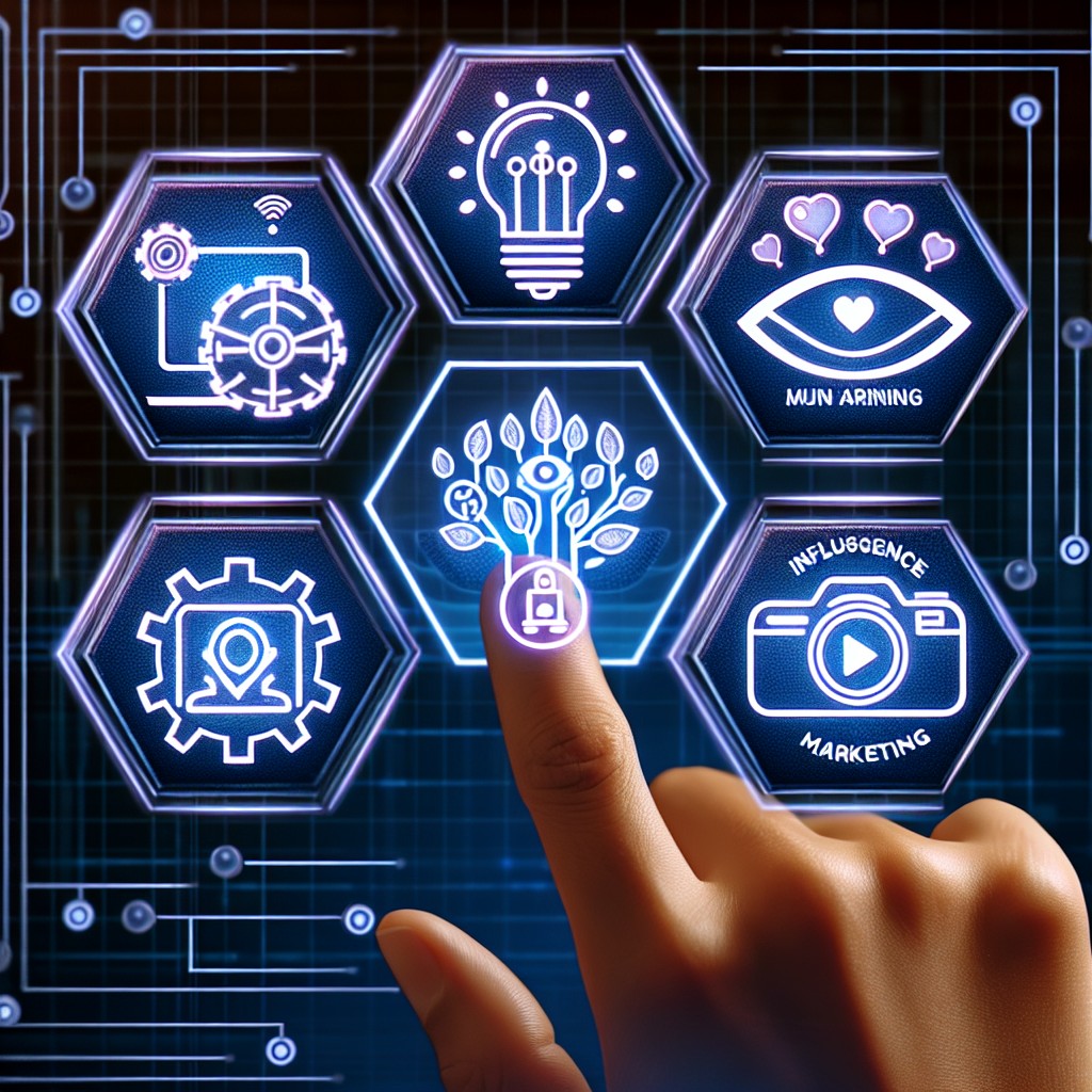 Image montrant des icônes digitales représentant le machine learning, l'UX, les vidéos courtes et le marketing d'influence, symbolisant les tendances du marketing digital en 2024.