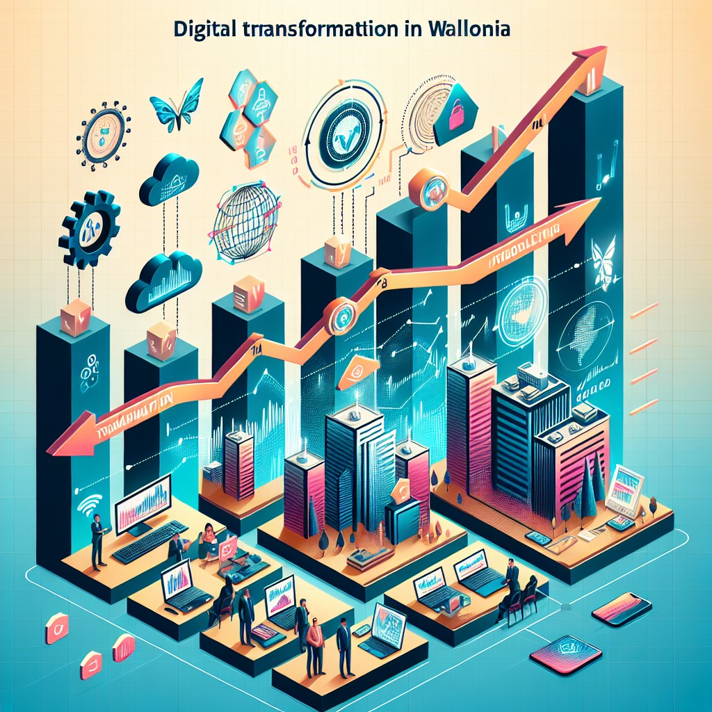 Image de couverture représentant la transformation digitale en Wallonie, avec des graphes de croissance et des éléments technologiques modernes.