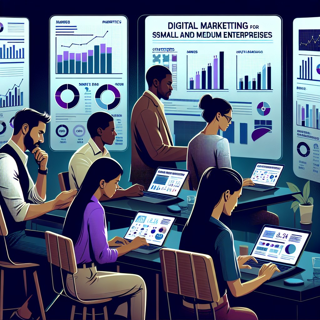 Une couverture illustrant l'importance du marketing digital pour les PMEs, avec une image de professionnels examinant des métriques et des stratégies en ligne.