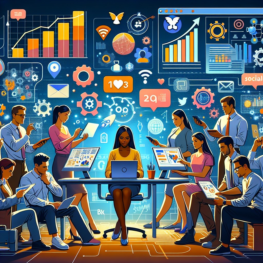 Image de couverture illustrant une PME utilisant diverses stratégies de marketing digital, comme des graphiques de données, des réseaux sociaux, et des outils technologiques.