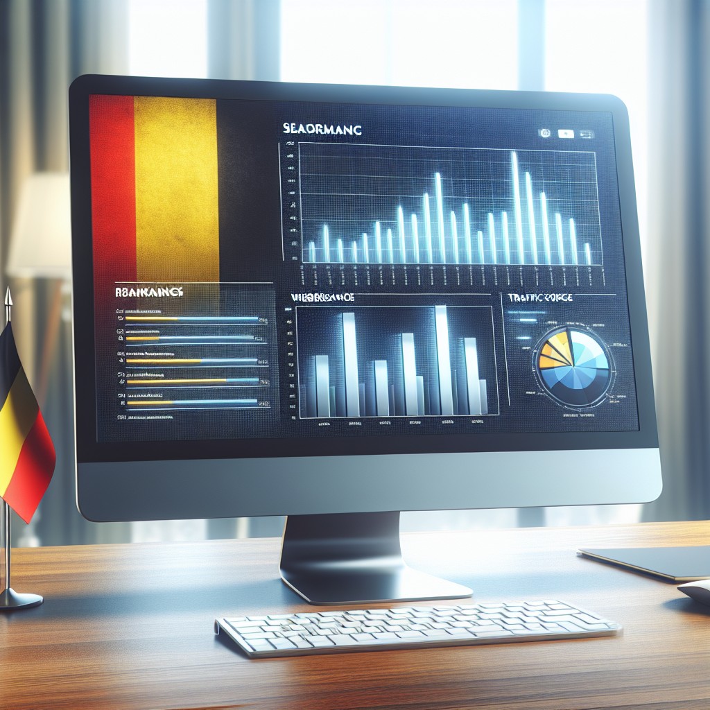 Écran d'ordinateur affichant des graphiques de performance SEO, symbolisant l'optimisation pour les moteurs de recherche en Belgique