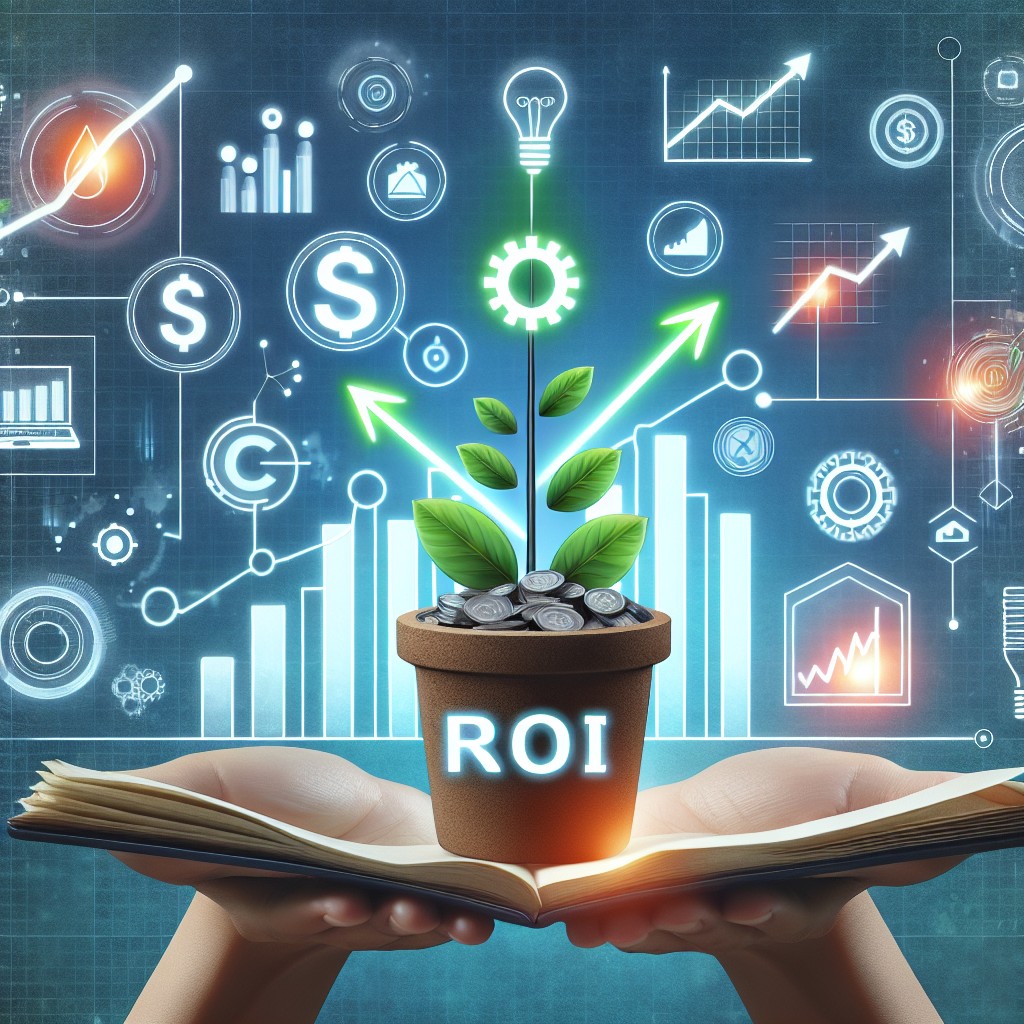 Graphique illustrant le concept de retour sur investissement (ROI) avec des flèches de croissance et des icônes numériques.