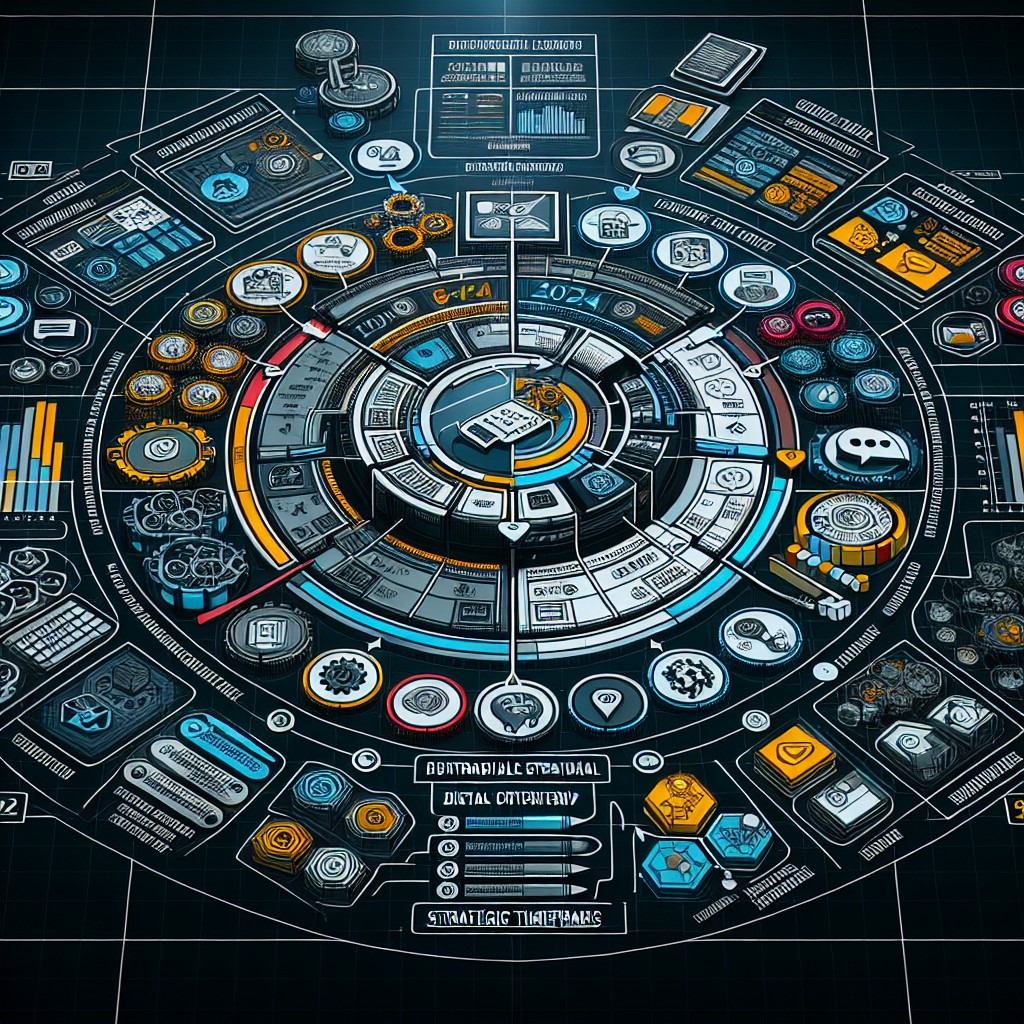 Une représentation visuelle de la stratégie de contenu numérique adaptée au marché belge en 2024, incluant des graphiques et des icônes relatifs au digital.