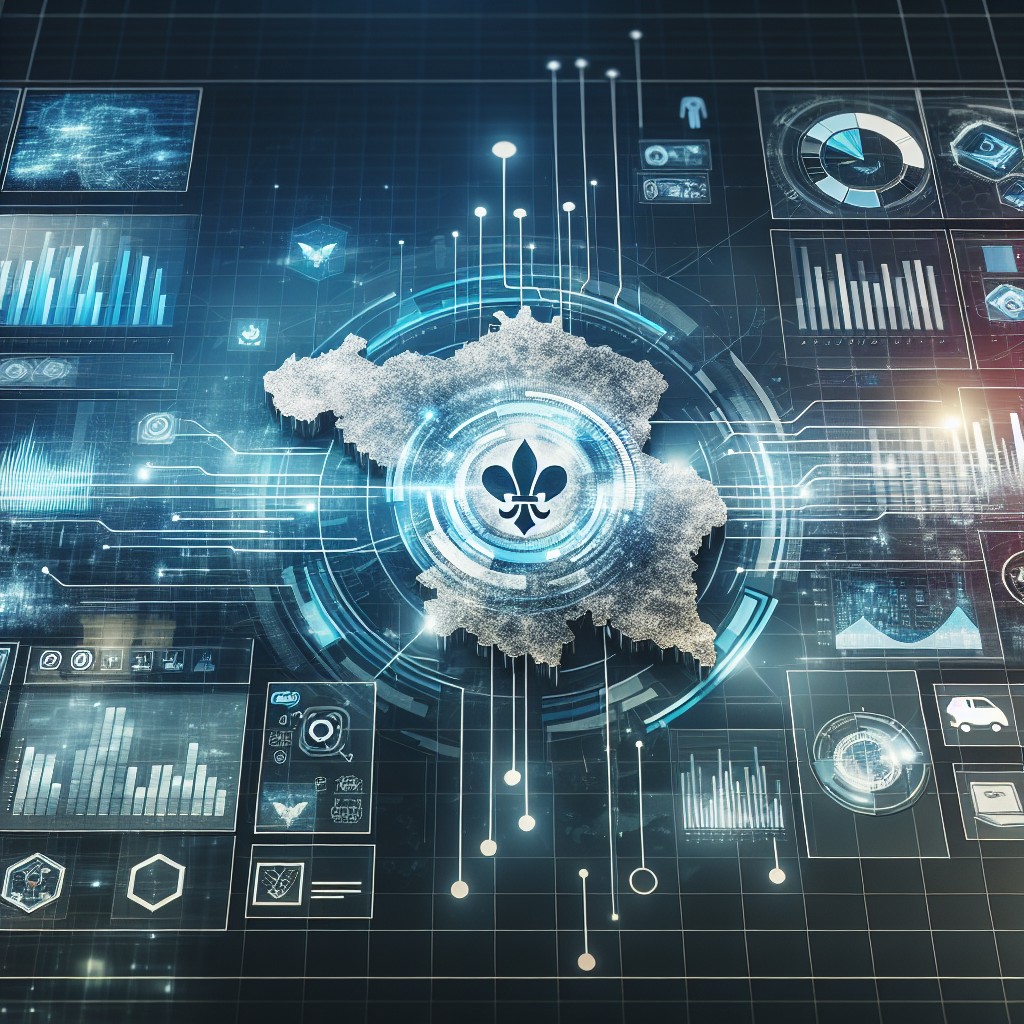 Image représentant une interface numérique moderne avec en arrière-plan la carte de la Wallonie, symbolisant le hub technologique et numérique.