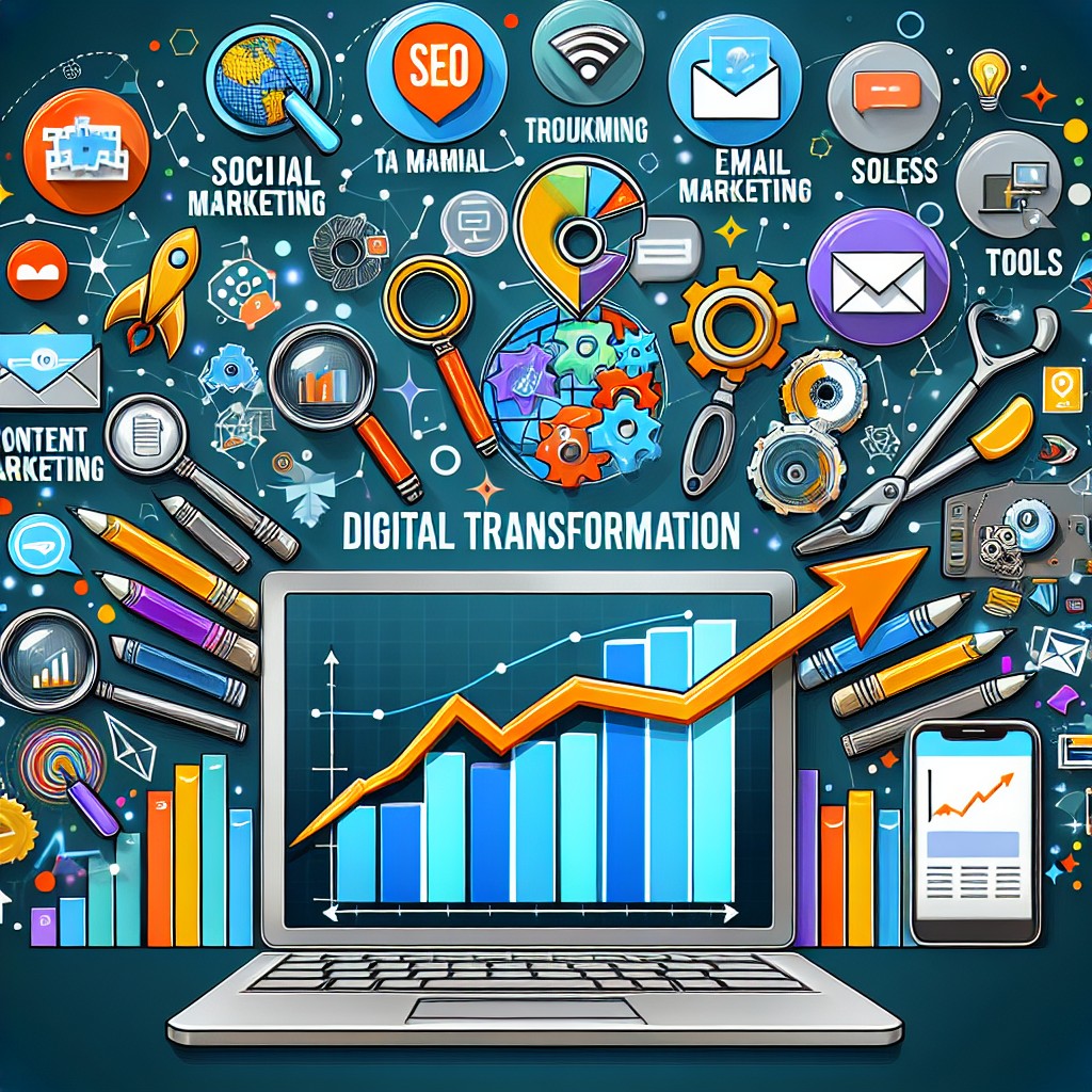 Une illustration dynamique de la transformation digitale, mettant en avant des outils de marketing digital et une croissance des ventes.