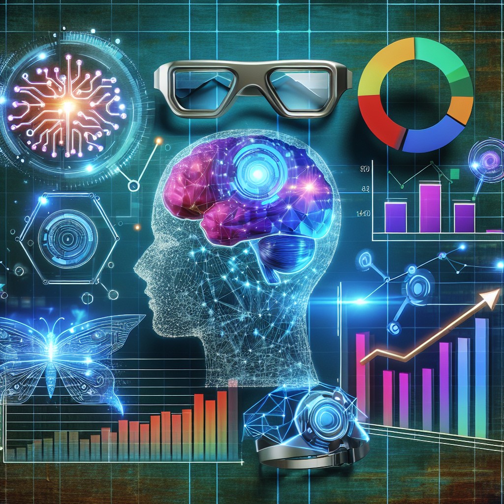 Image représentant les tendances du marketing digital avec des éléments comme l'intelligence artificielle, la réalité augmentée et des graphiques de performance.