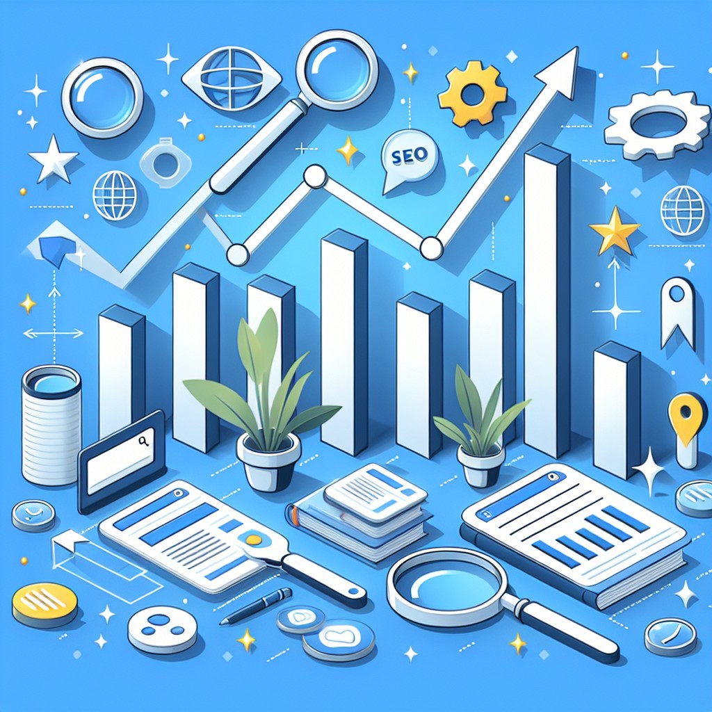 Image de couverture montrant la croissance du SEO avec des graphiques et des icônes de moteurs de recherche.