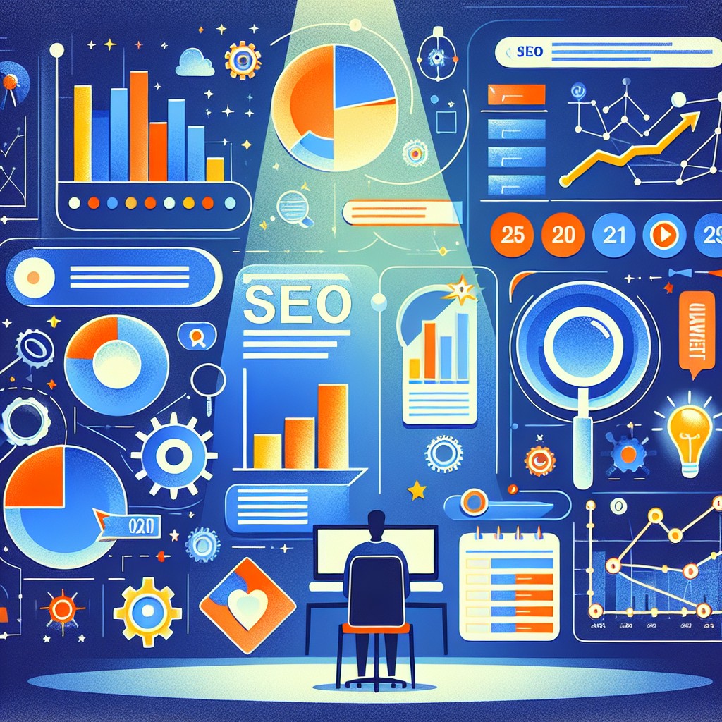 Illustration montrant l'importance et l'impact du SEO en 2024, avec des graphiques représentant l'analyse de données et des mots-clés.