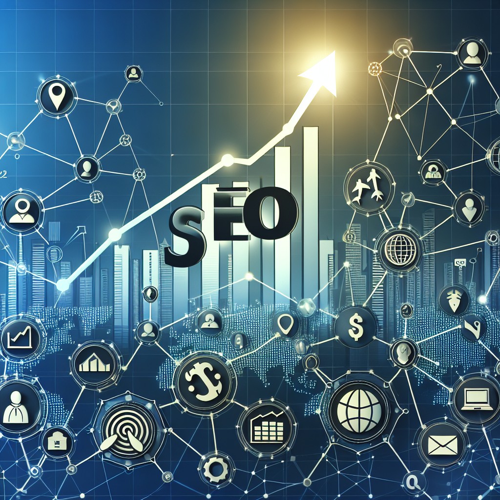 Couverture montrant un graphique montant et le mot SEO connecté à des icônes d'entreprises, illustrant la croissance grâce au SEO.