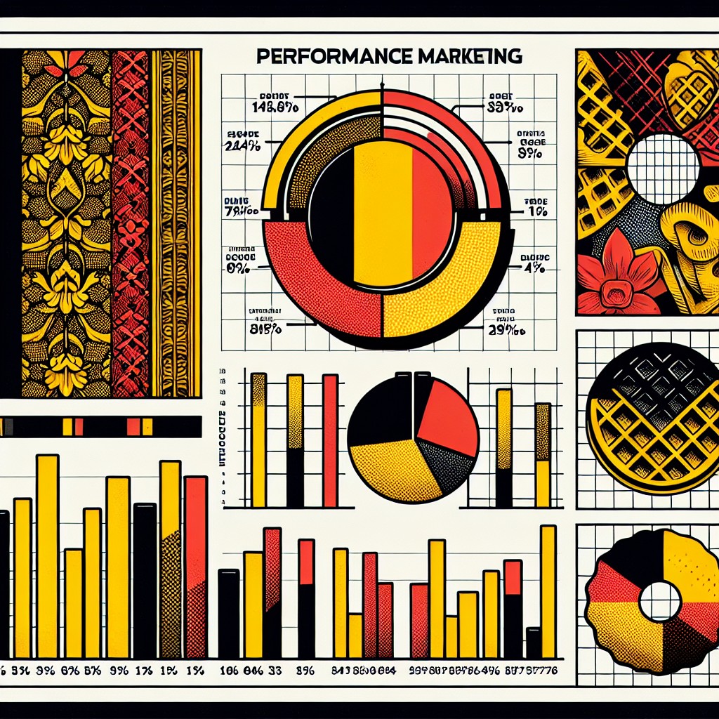 Des graphiques d'analyse de performance marketing avec une touche belge, tels que des couleurs du drapeau belge ou des éléments culturels locaux.