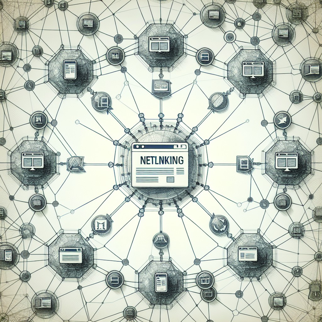 alt image: illustration de netlinking avec réseaux de liens entourant un site web central