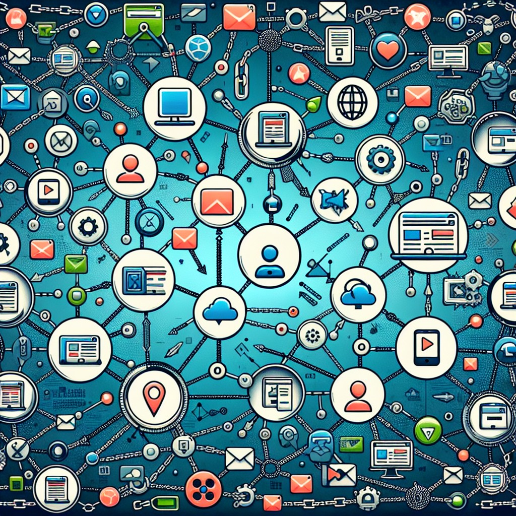 Une illustration représentant des stratégies de netlinking avec des icônes de liens et des chaînes reliant différents sites web.