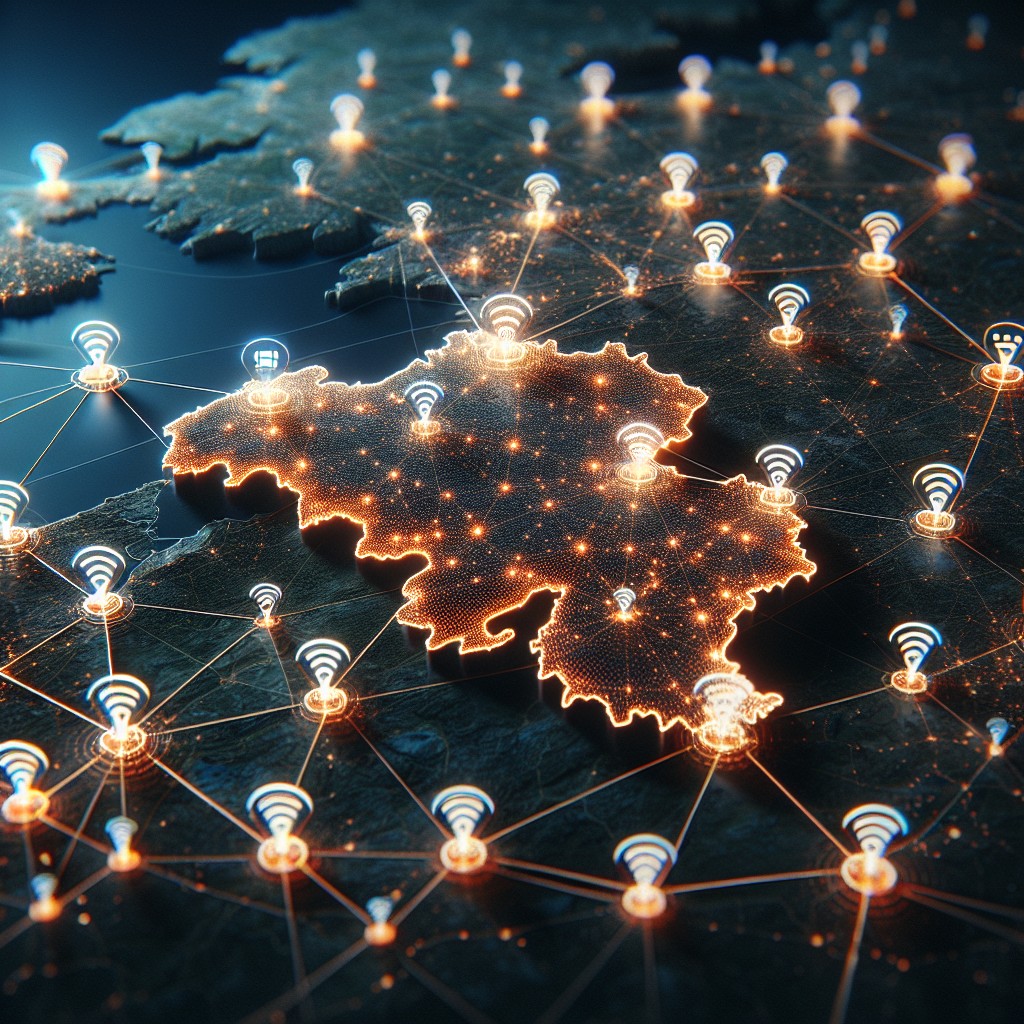 Une carte numérique de la Belgique avec des points de connexion représentant des backlinks locaux.