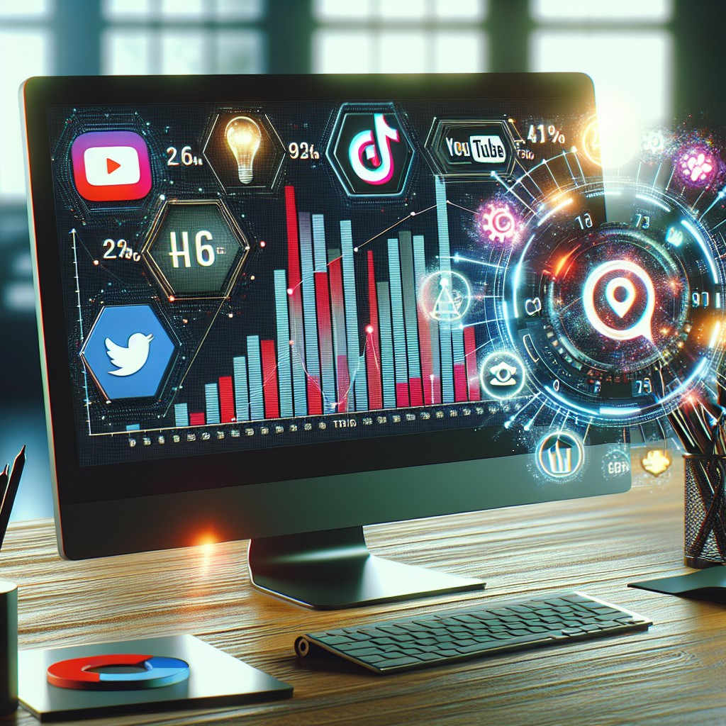 Un écran d'ordinateur affichant des statistiques de performance vidéo, entouré d'icônes de YouTube et TikTok, représentant la croissance du SEO vidéo.