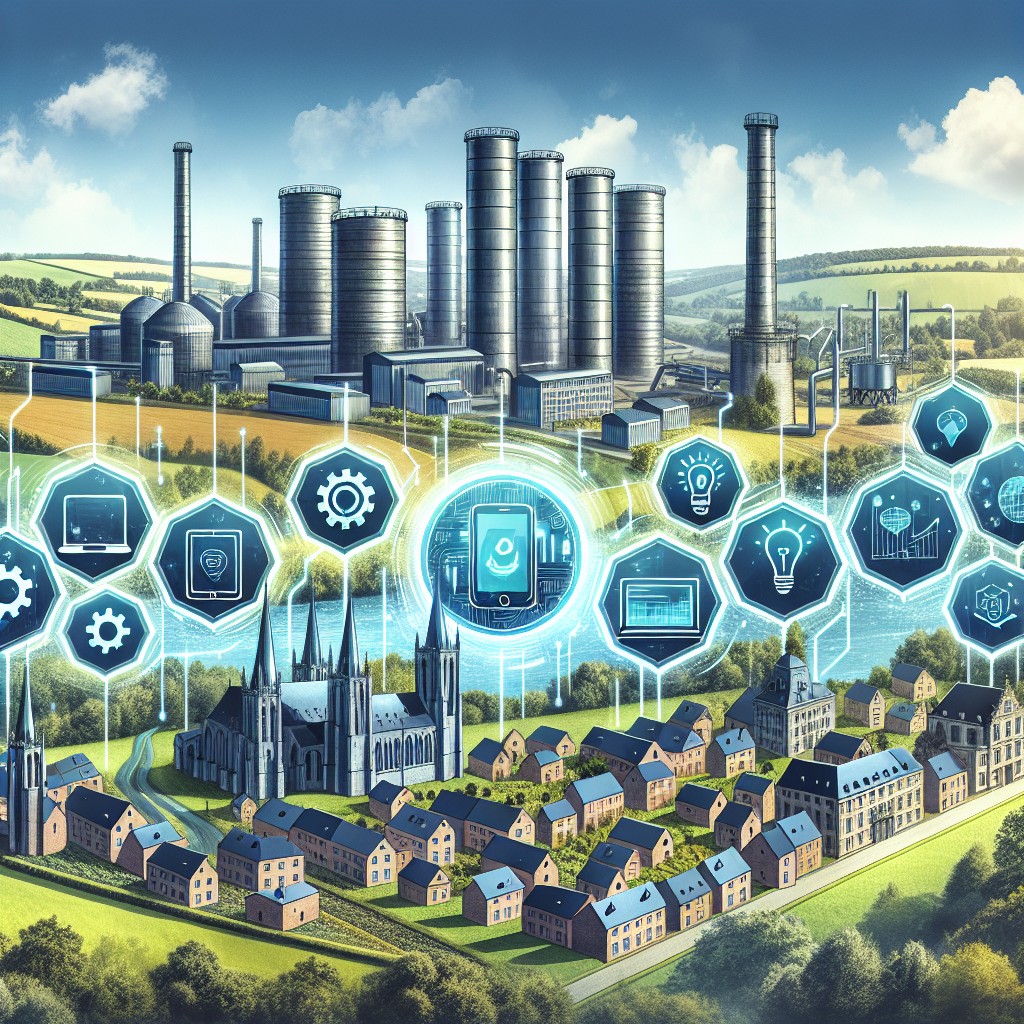 Illustration de la transformation digitale en Wallonie, avec des vignettes représentant l'industrie, la technologie et l'innovation.