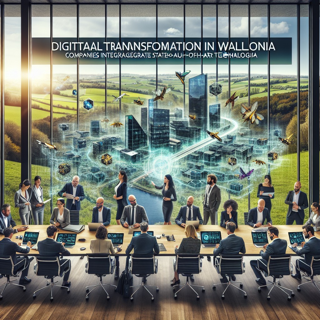 Une image inspirante illustrant la transformation numérique en Wallonie avec des entreprises intégrant des technologies de pointe.