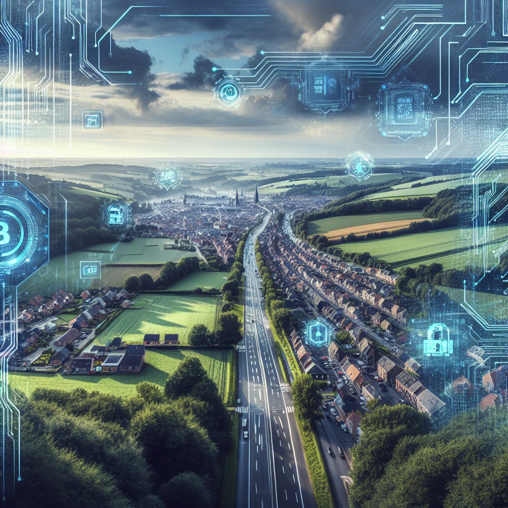 Vue dynamique de la Wallonie intégrée avec des éléments numériques tels que circuits imprimés et symboles technologiques.