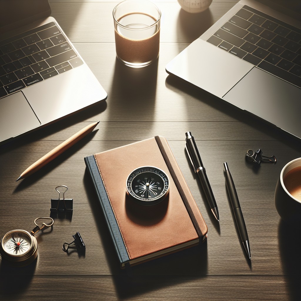 Image illustrant la définition d'objectifs clairs avec une boussole et un carnet de notes sur un bureau d'affaires.