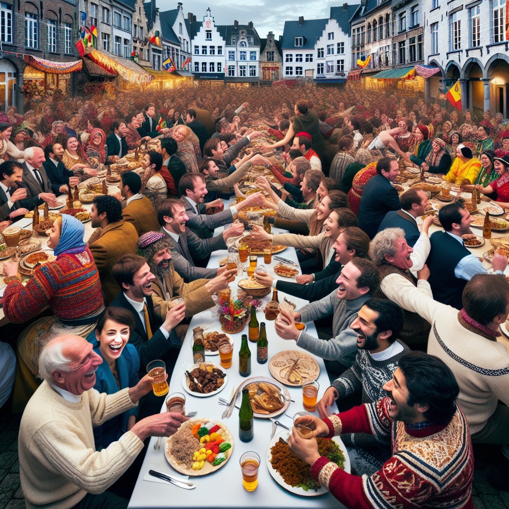 Scène festive en Wallonie avec des personnes célébrant autour de mets locaux, musique et décorations traditionnelles.