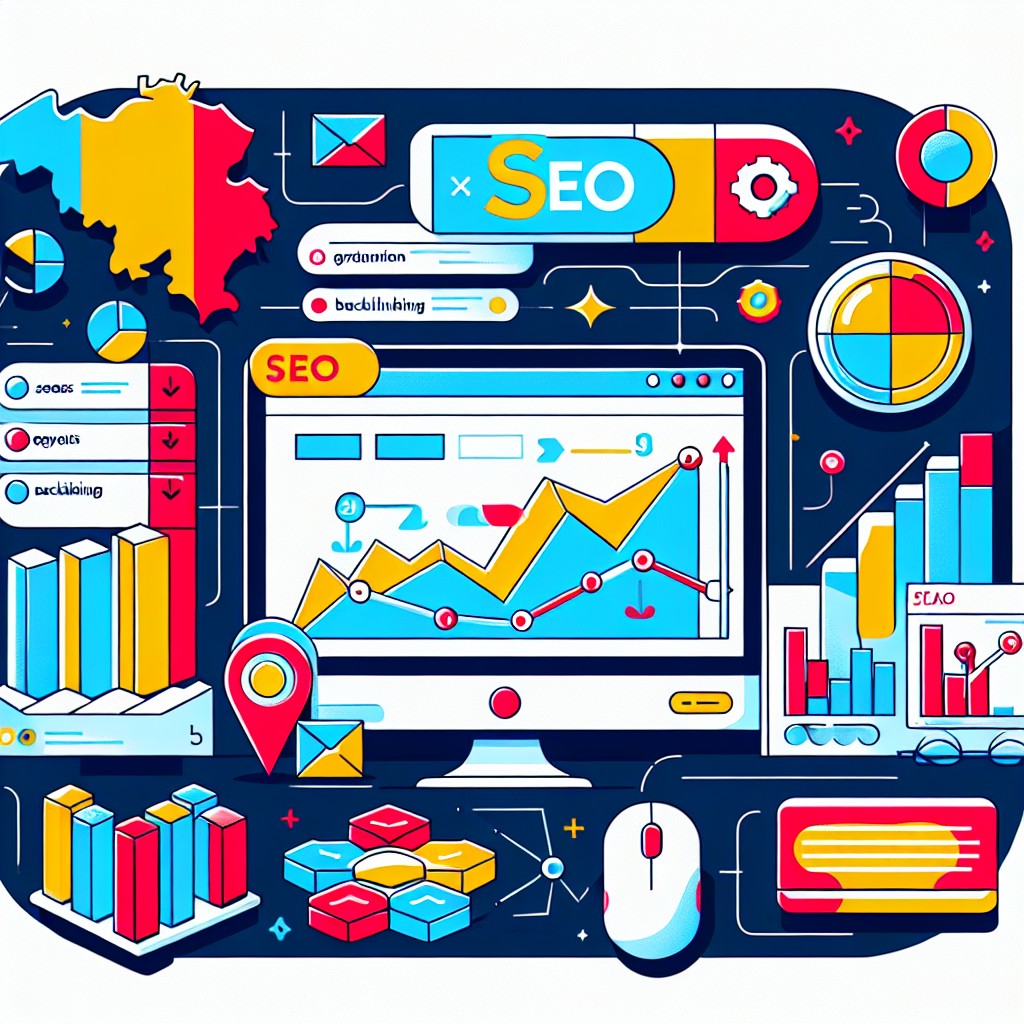 Une illustration représentant différents aspects du SEO, comme des graphiques d'optimisation et des éléments de moteur de recherche, pour montrer l'importance du SEO en Belgique.