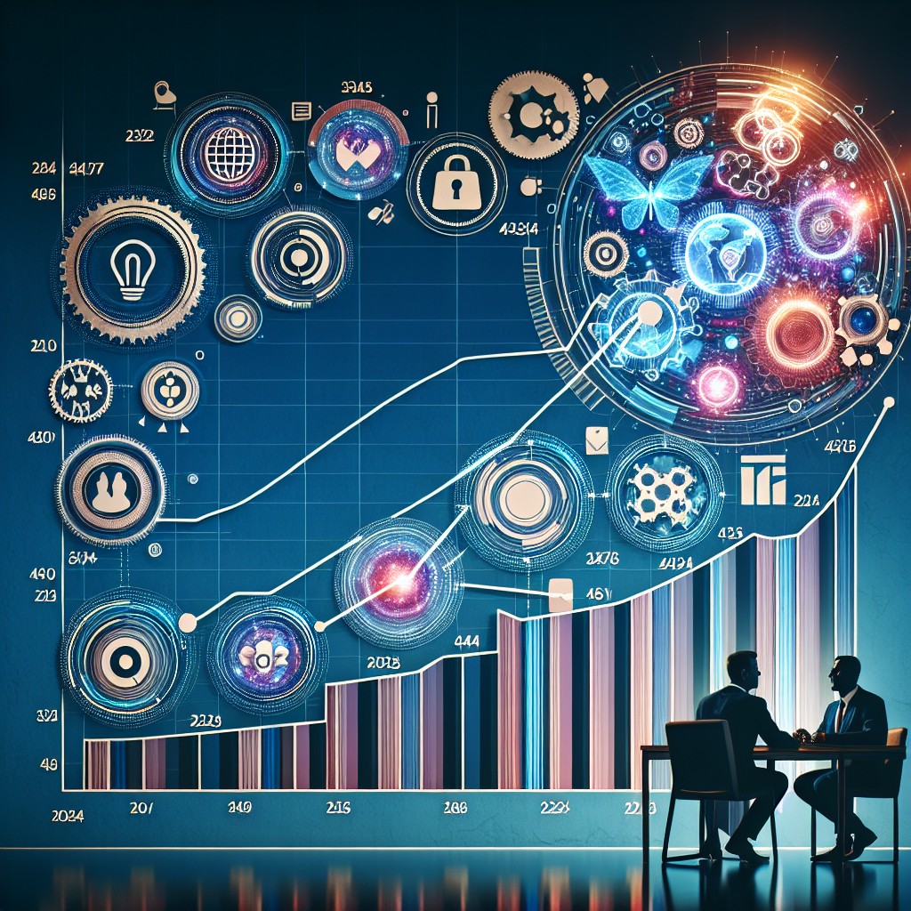 Un graphique moderne représentant l'évolution et l'importance de la gestion de la relation client (CRM) en 2024, avec des éléments technologiques et des interactions clients.