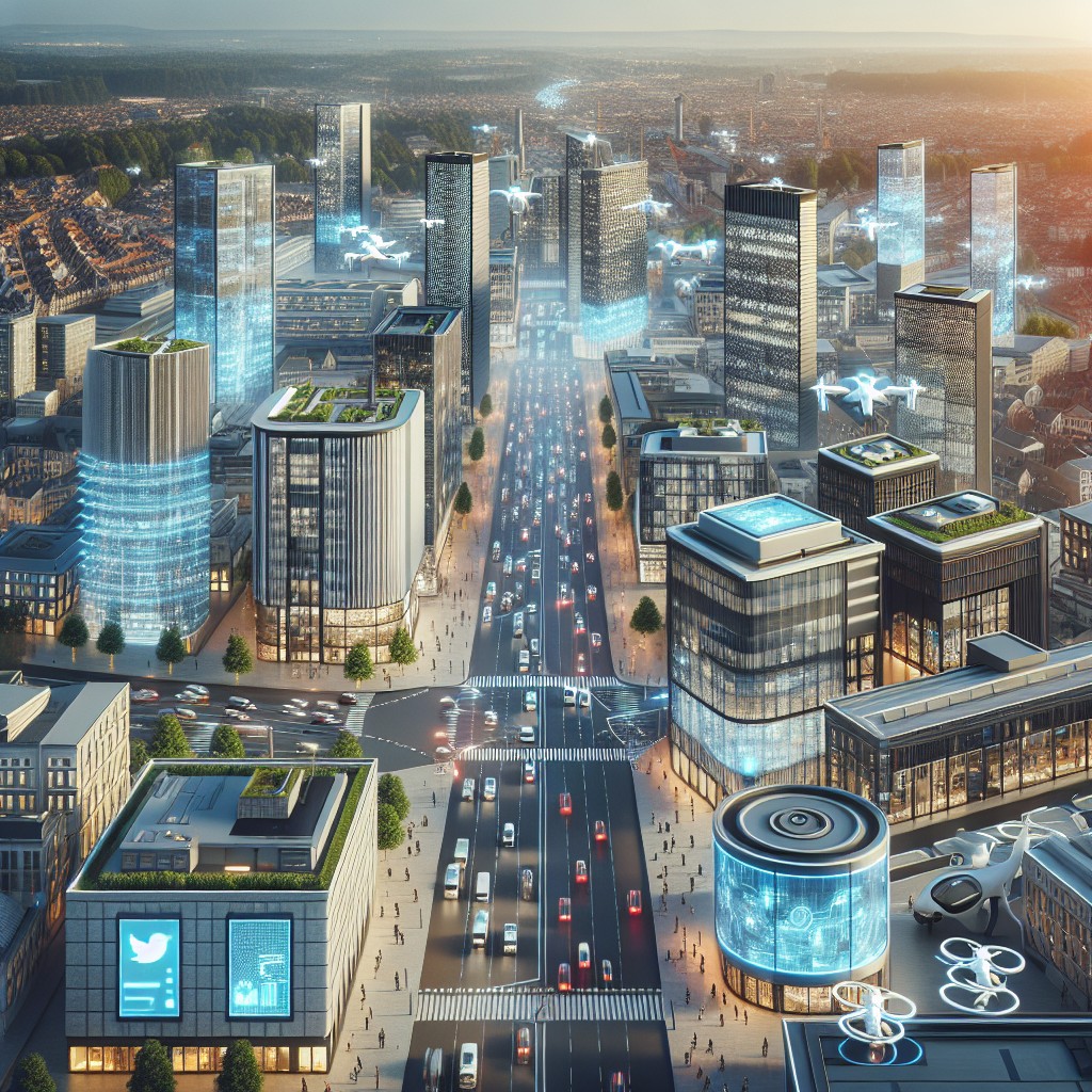 Vue panoramique d'une ville wallonne moderne avec des entreprises prospères et des technologies digitales.