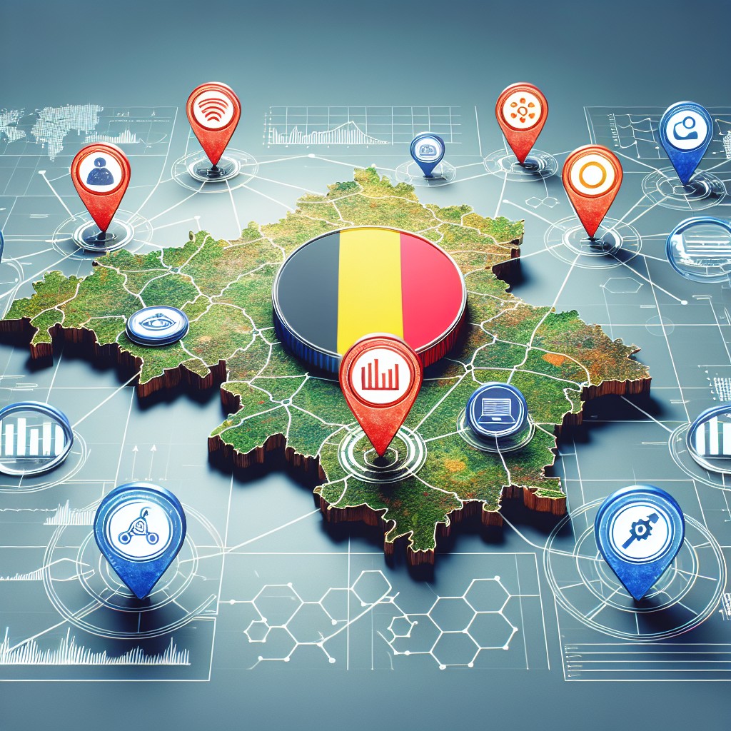 Image d'une carte de la Wallonie avec des icônes de SEO et des graphes de performance pour illustrer l'importance du SEO local.