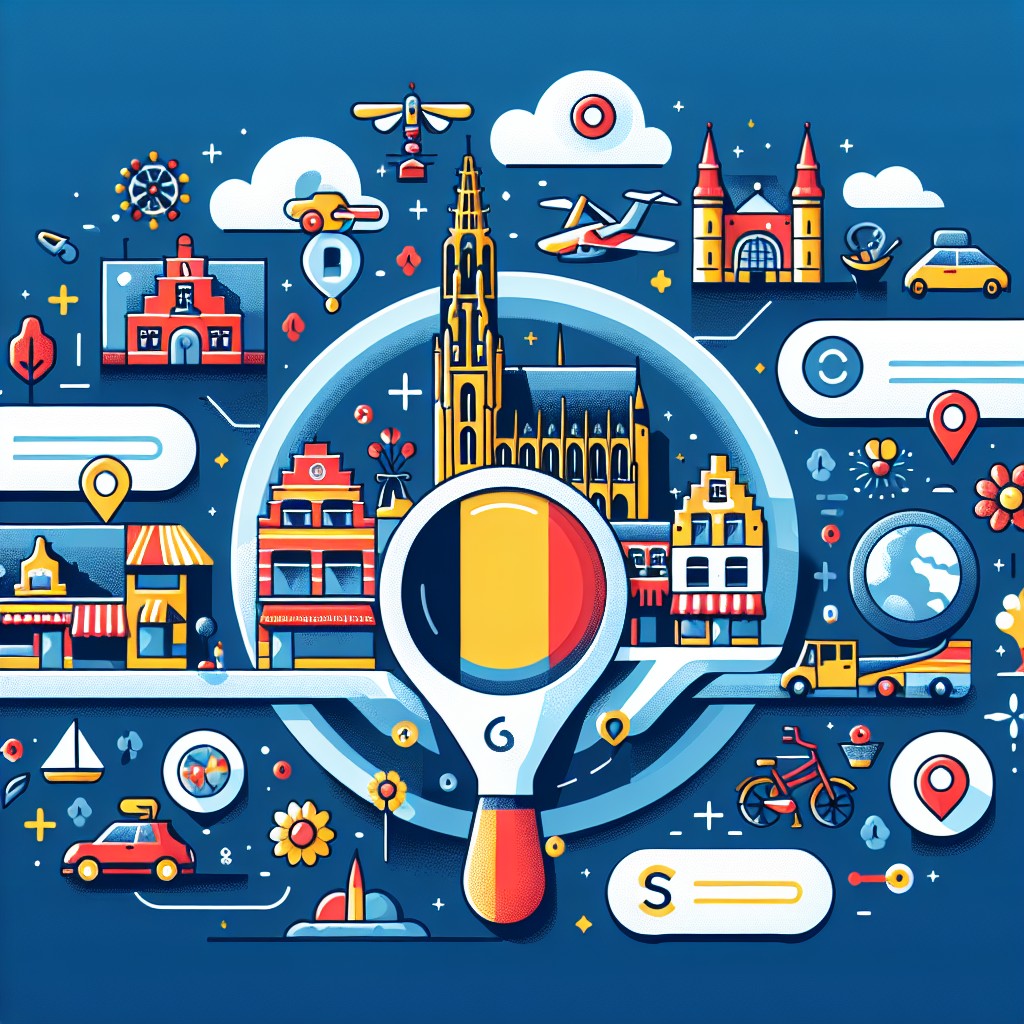 Image représentant des entreprises locales en Belgique avec des éléments visuels de SEO, comme des cartes et des icônes de recherche.