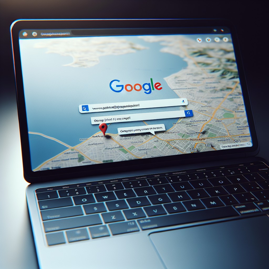 Image de couverture d'un ordinateur portable affichant des résultats de recherche Google avec une carte de localisation.