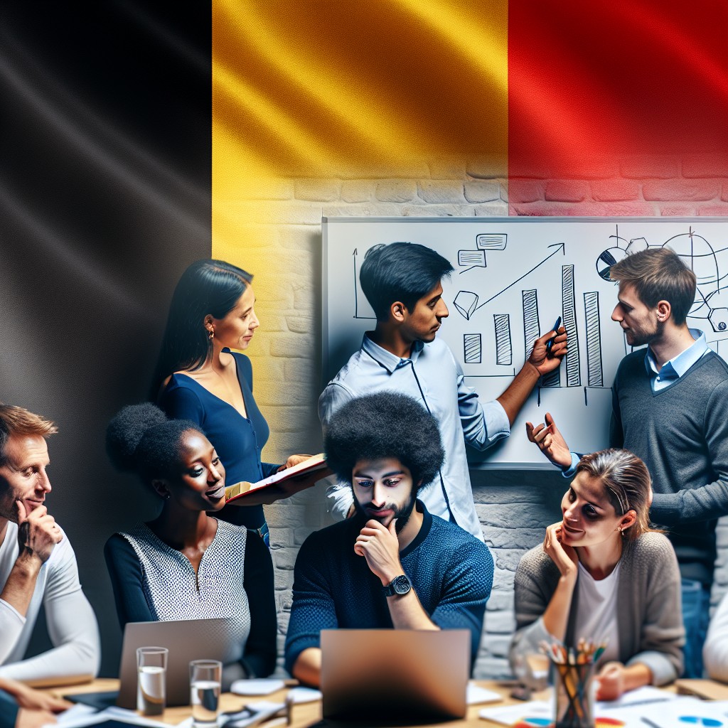 Groupe de personnes travaillant sur une stratégie de contenu digital avec le drapeau belge en arrière-plan.