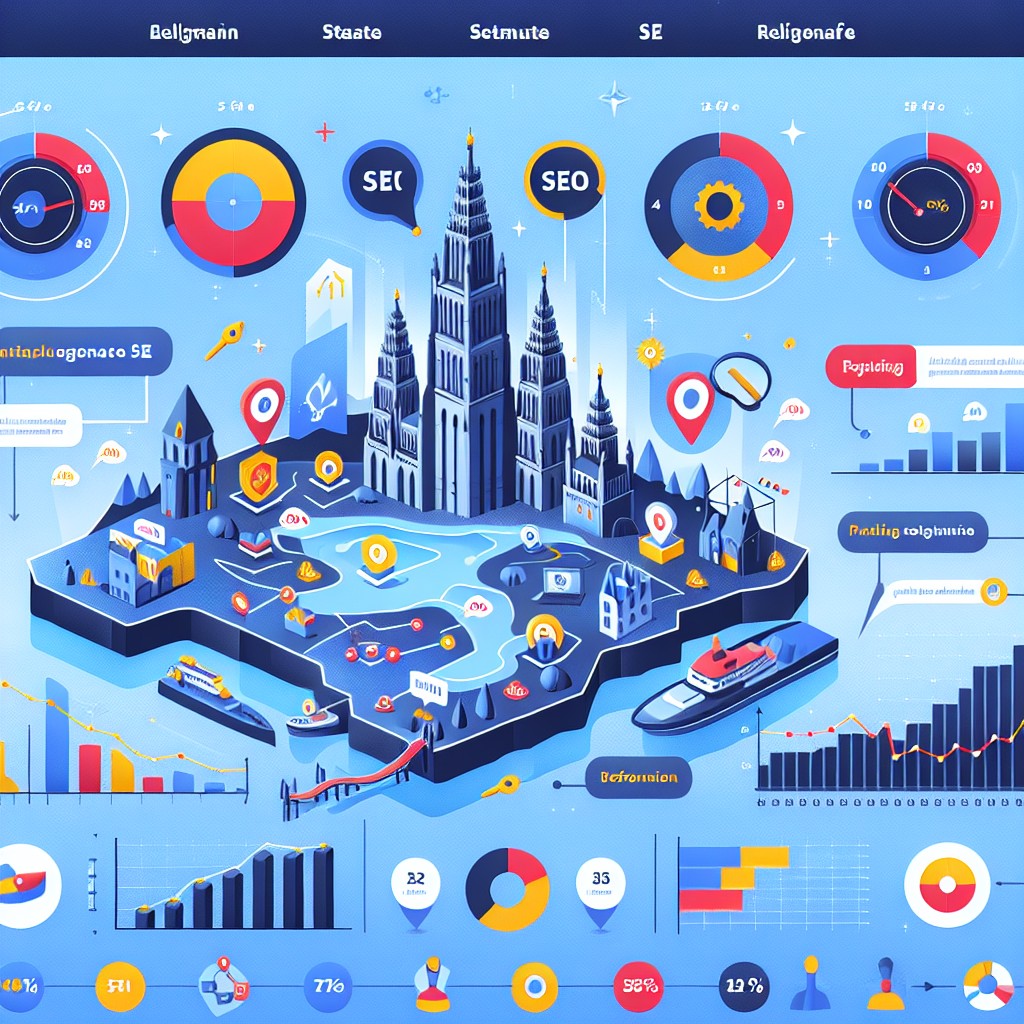 Infographie illustrant les avantages de l'optimisation SEO pour le marché belge, incluant des graphiques de performance et des cartes régionales.