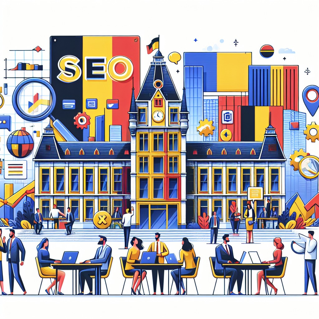 Une illustration représentant les éléments clés de l'optimisation SEO en Belgique, incluant des entreprises belges et des moteurs de recherche.