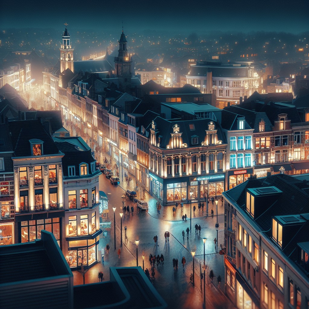 Vue de nuit d'une ville belge montrant divers commerces illuminés, symbolisant la connectivité locale.