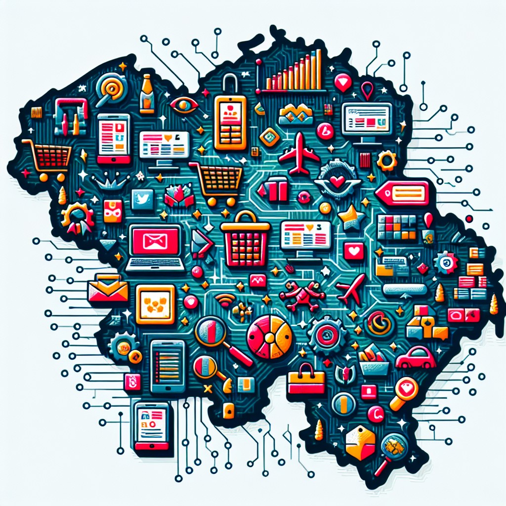 Une illustration montrant une carte de la Belgique avec des icônes de commerce électronique et des éléments graphiques de marketing digital.