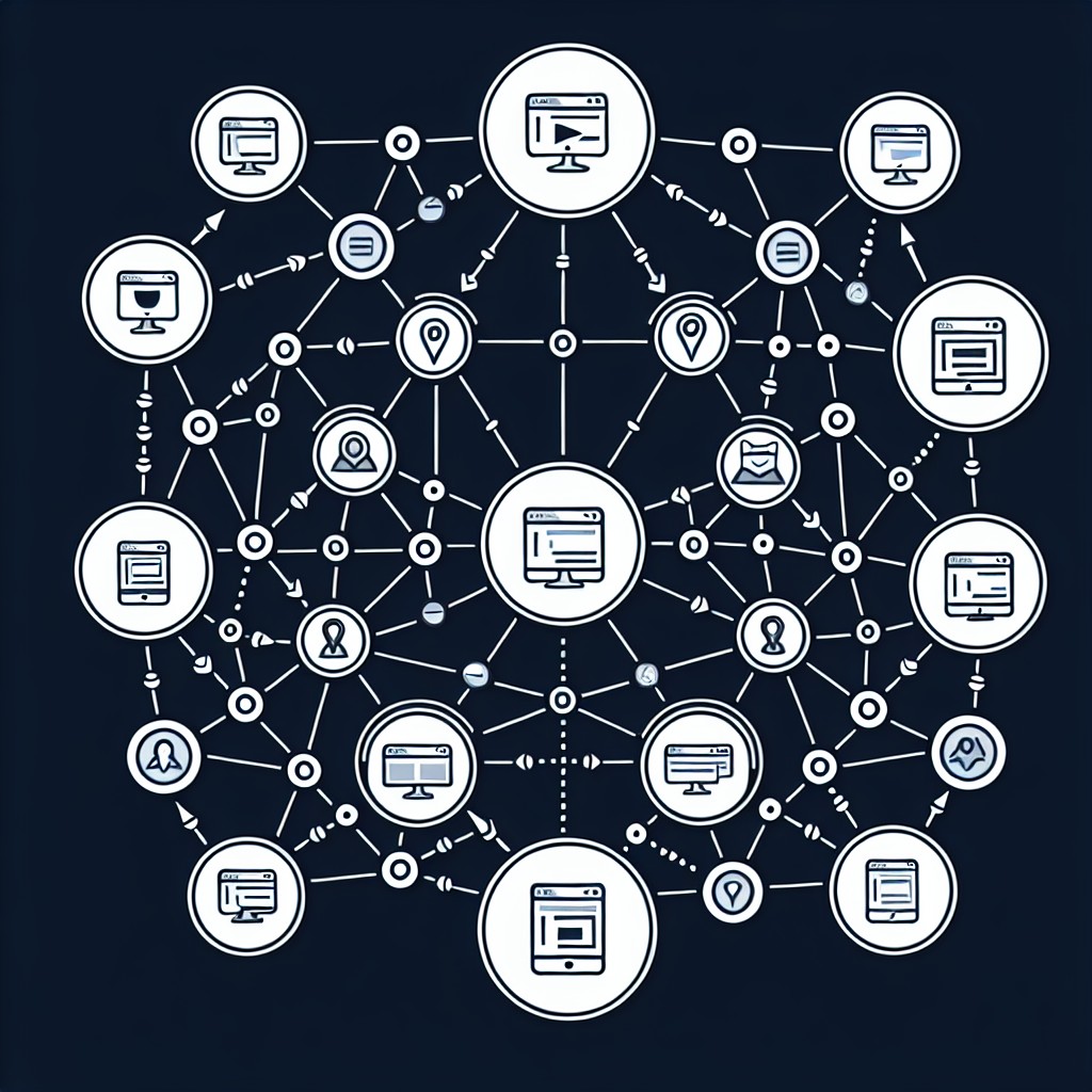 Illustration d'un réseau de connexions montrant des liens entre différents sites web pour représenter la stratégie de 'link building'.