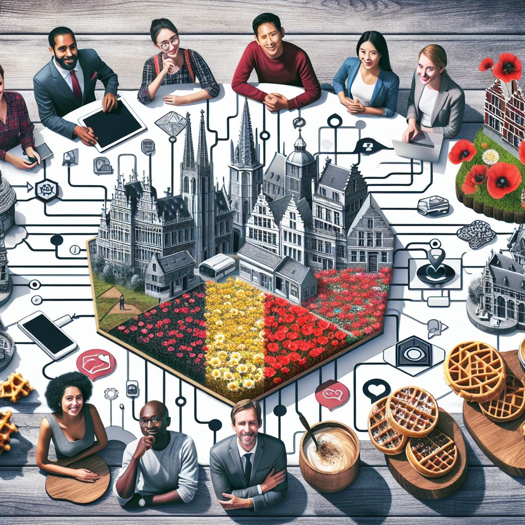 Image capturant l'essence du marketing digital en Belgique, avec des éléments de diversité culturelle et technologique.