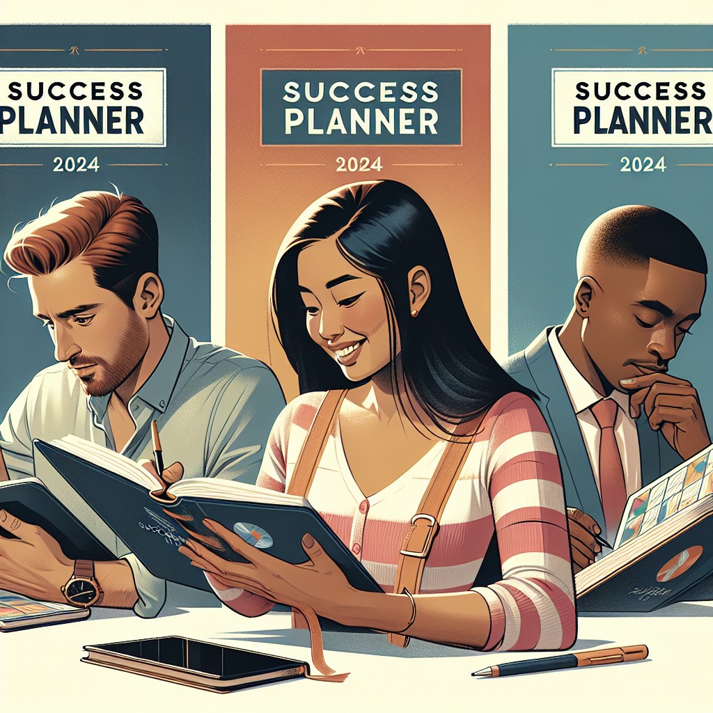 Couverture illustrant des personnes utilisant le Succès Planner 2024 pour optimiser leur planification et réussir leurs projets.