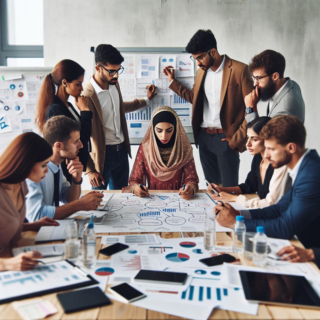 Une PME en pleine séance de brainstorming stratégique, entourée de graphiques et de chiffres budgétaires.