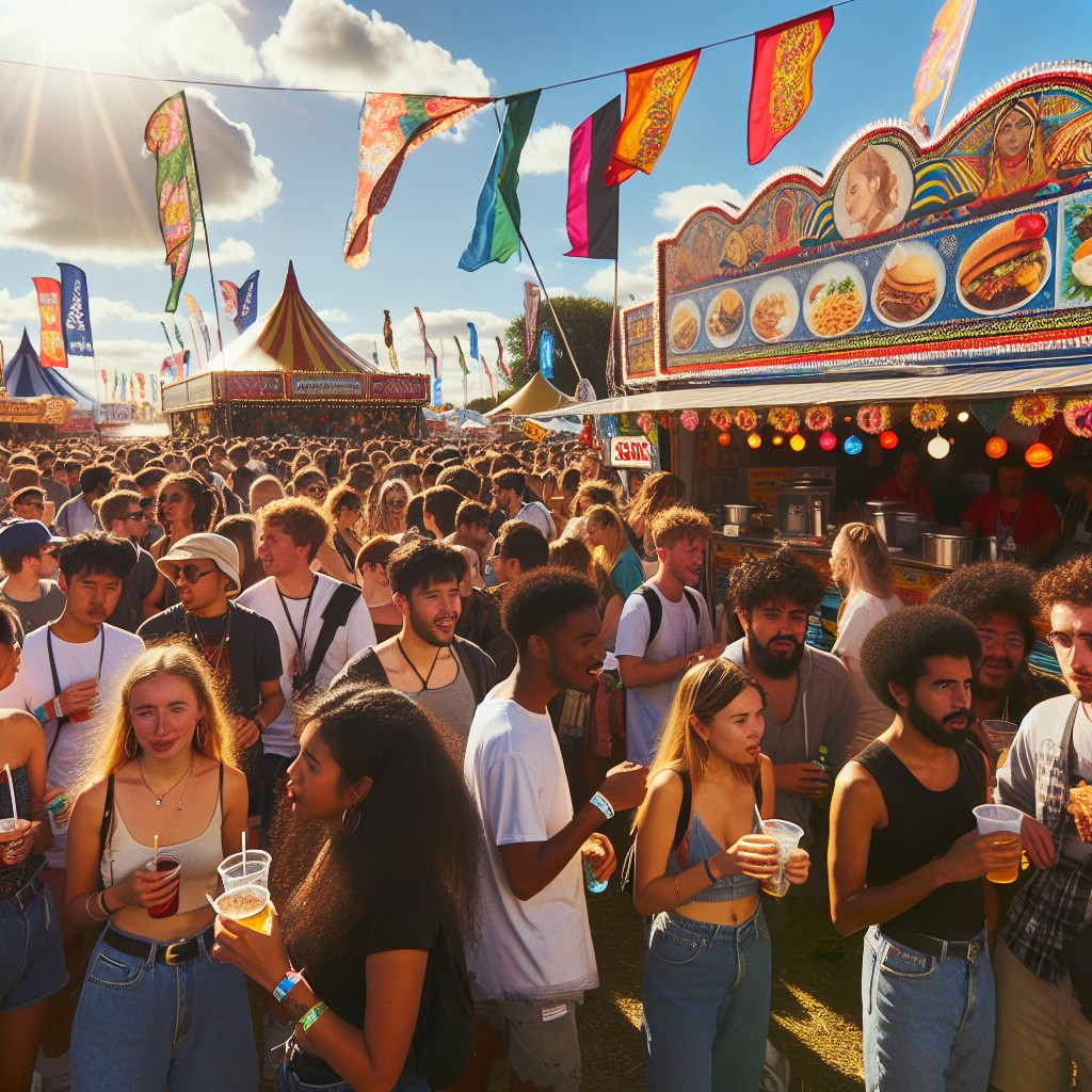 Une foule de festivaliers aux Fêtes de Wallonie avec des stands de vente animés et un ciel ensoleillé.