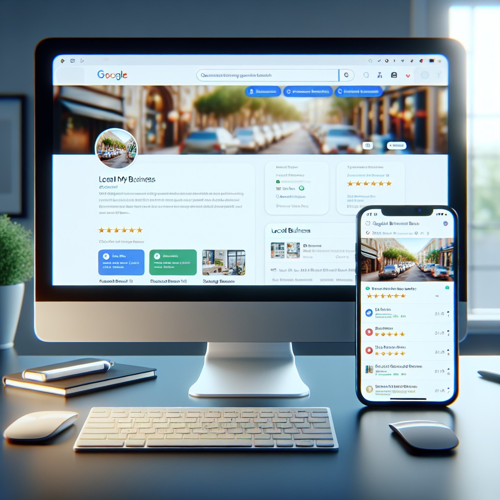 Un écran d'ordinateur affichant une fiche Google My Business optimisée et un smartphone montrant des résultats de recherche locale.