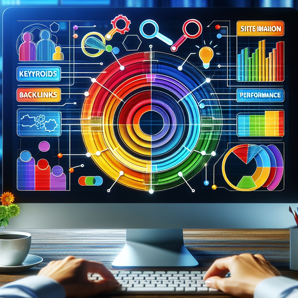 Graphique coloré illustrant différentes composantes du SEO technique sur un écran d'ordinateur, symbolisant l'optimisation pour une meilleure présence digitale.