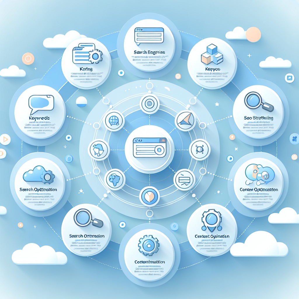 Une infographie représentant diverses stratégies SEO adaptées aux PME, avec des icônes de moteurs de recherche, de mots-clés, et d'optimisation de contenu.