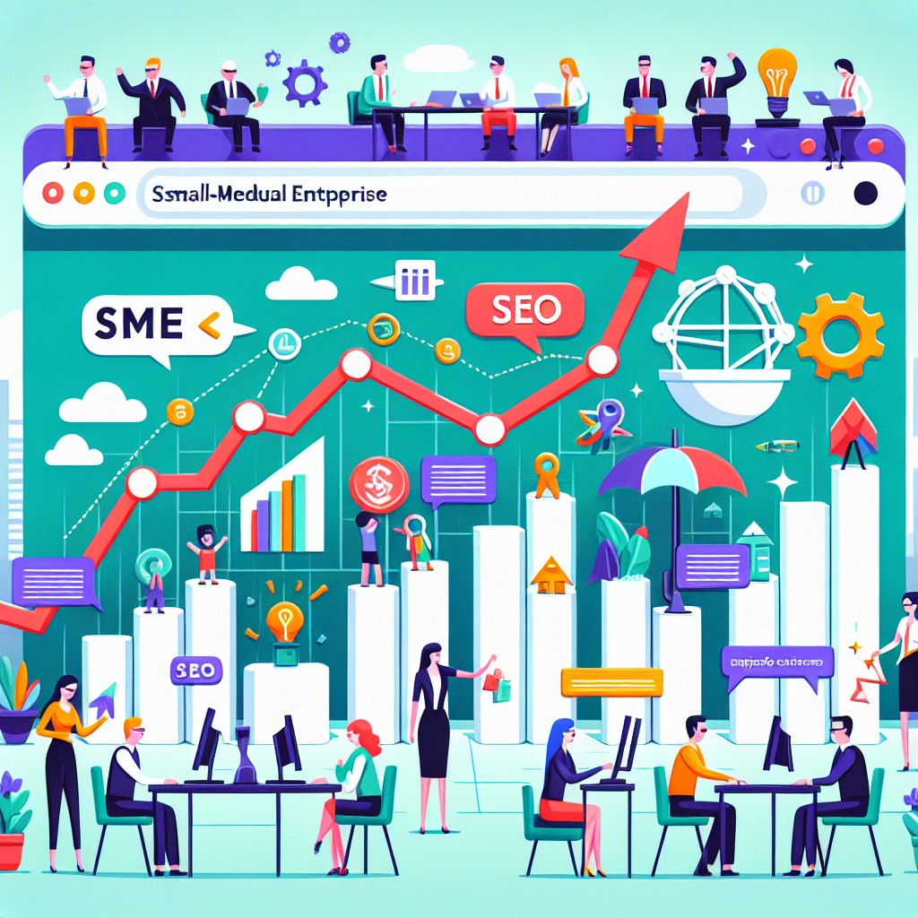 Une illustration de la croissance d'une PME grâce à l'optimisation SEO, symbolisée par des graphiques de performance en hausse et des clients en ligne satisfaits.