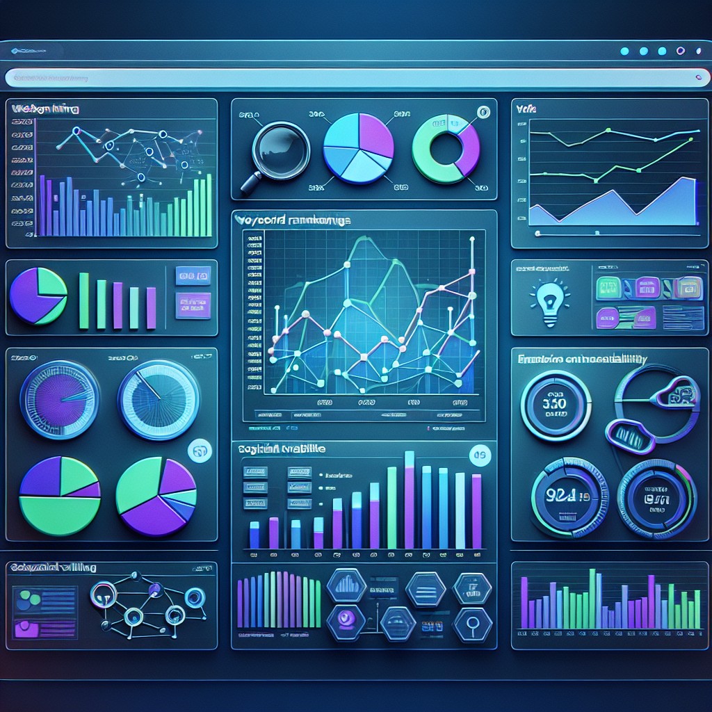 Un tableau de bord de SEO avec des graphiques et des analyses montrant l'amélioration de la visibilité en ligne.