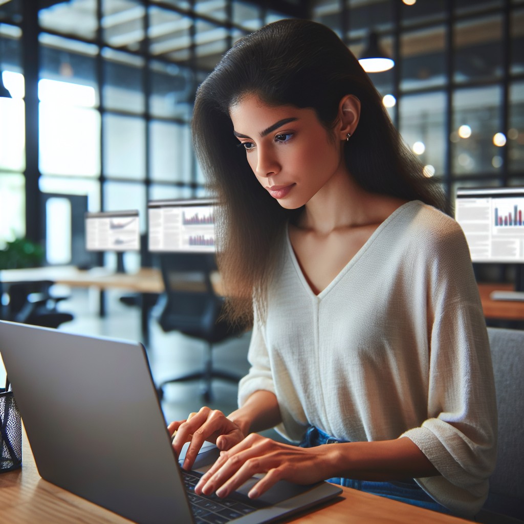 Image d'une personne utilisant un ordinateur portable pour travailler sur l'optimisation SEO locale dans un environnement de bureau moderne.