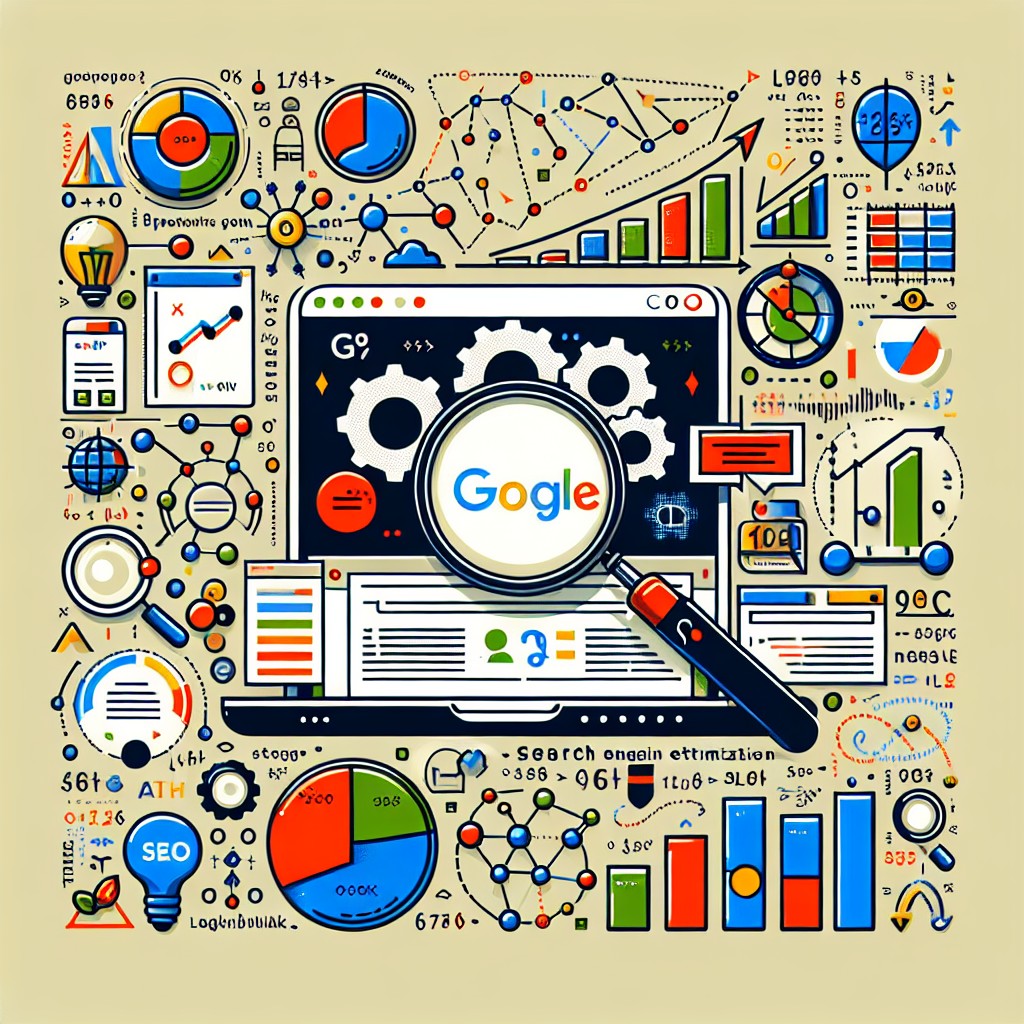 Image de couverture représentant l'optimisation de site web pour Google, avec des illustrations de SEO, algorithmes et analyse de données.