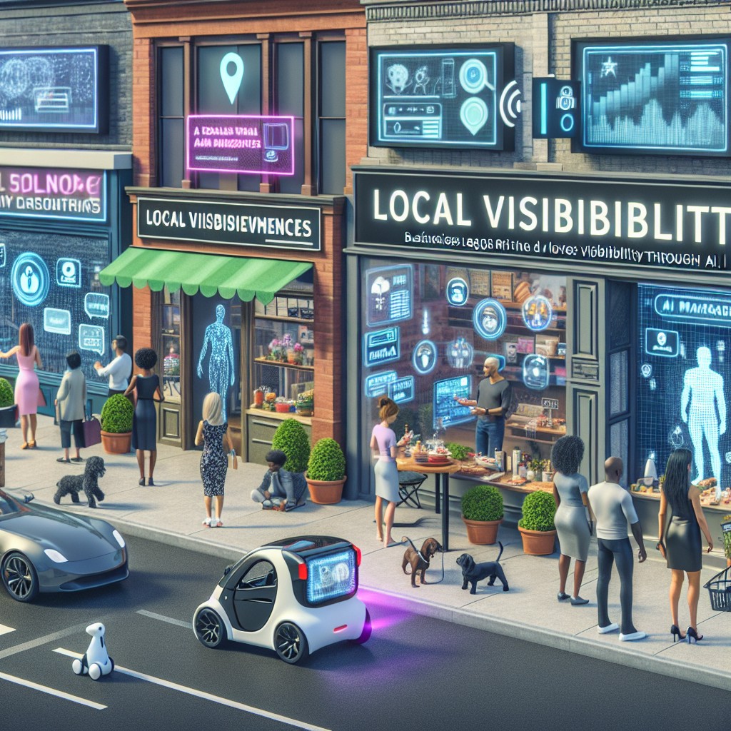 Vue d'un centre-ville animé avec des commerces locaux intégrés à des technologies avancées, symbolisant l'essor de la visibilité locale grâce à l'IA.