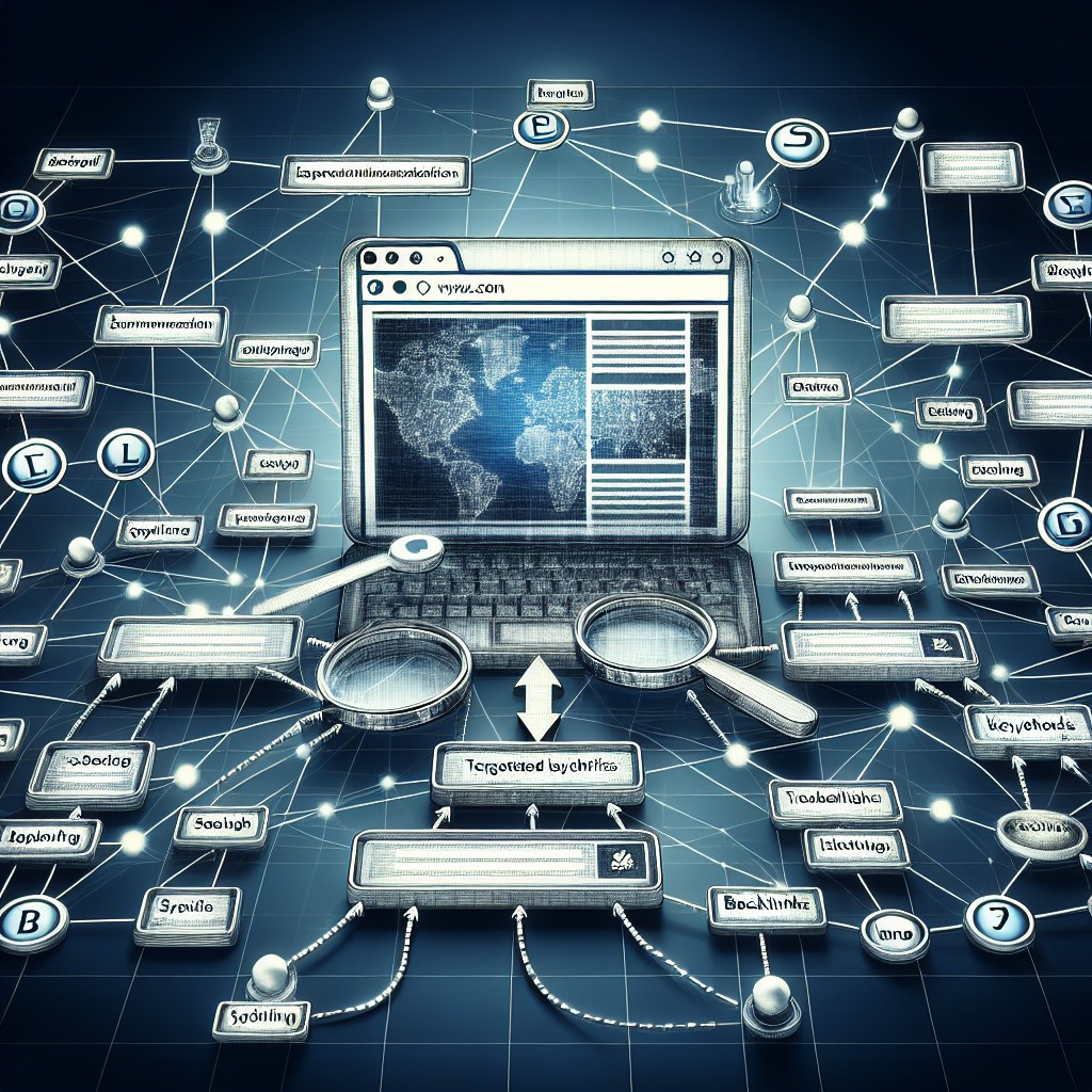 Vue d'ensemble d'un site web, symbolisant l'analyse SEO, avec des éléments graphiques représentant la structure web, les mots-clés et les backlinks.